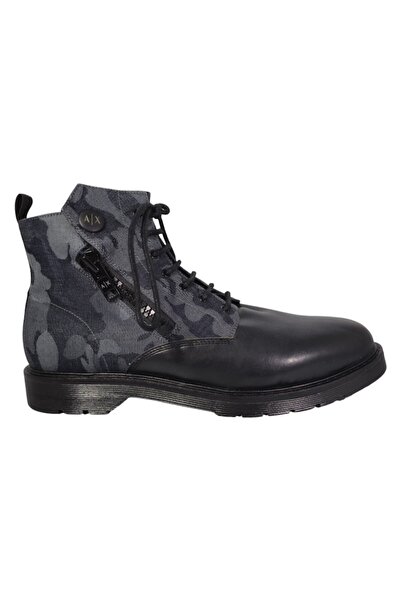 Armani Exchange Men's Army Camouflage Boots, Black Leather & Navy Denim, Lace and Zip, Size 44 EU