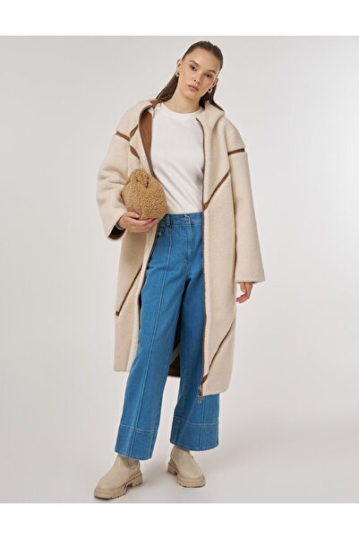 Kayra Striped Detail Plush Coat Camel
