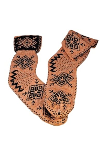 Kral Women's Knit Slipper Socks, Wool, Ethnic Motifs, Orange, One Size