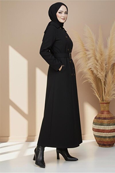 TRENDTESETTÜR Women's Black Belted Long Trench Coat t 1094