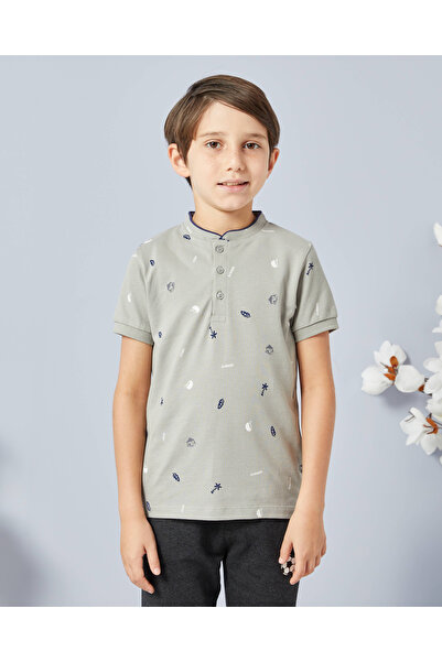 REDTAG Boys Grey Skate Printed Mandarin Collar Shirt