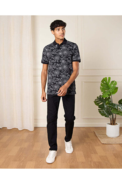 REDTAG Men Black Printed Short Sleeve Polo Shirt