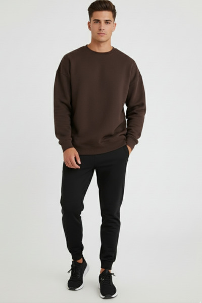 KOZİA OUTDOORS Baskısız Basic Oversize Bisiklet Yaka Şardonlu Unisex Rahat Kalıp Sweatshirt