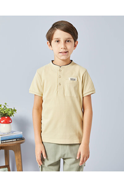 REDTAG Boys Beige Mandarin Collar Polo Shirt