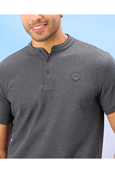 REDTAG Men Charcoal Standup Collar Polo Shirt