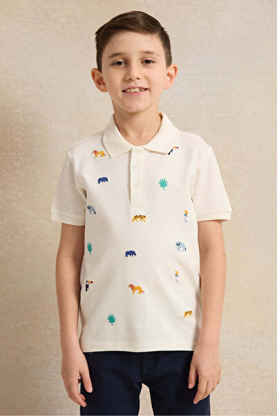 REDTAG Boys White Embroidered Polo Shirt