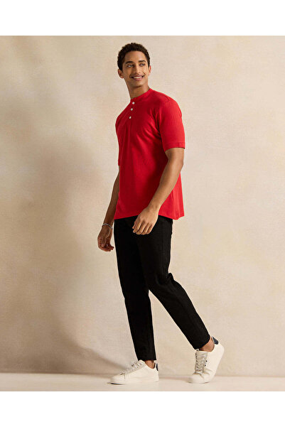 REDTAG Men Red Henley Polo Shirt