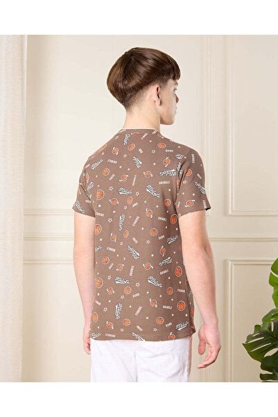 REDTAG Senior Boys Brown Printed Mandarin Polo T-Shirt