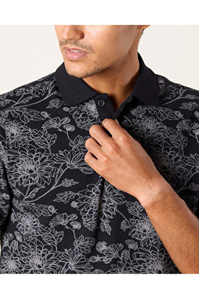 REDTAG Men Black Printed Short Sleeve Polo Shirt