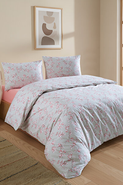 LADYNİL 100% Cotton Double Duvet Cover Set with Elastic Fitted Sheet Green Rose