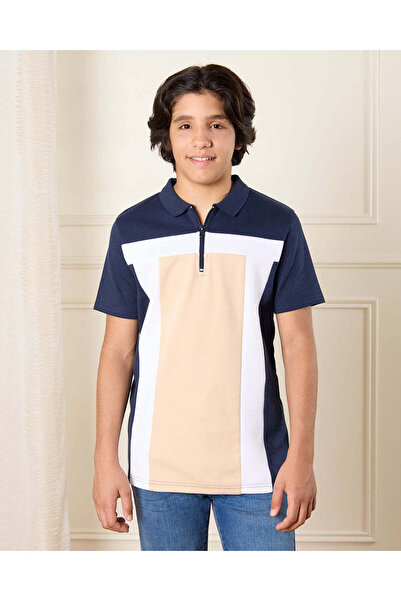 REDTAG قميص بولو أزرق داكن للأولاد الكبار، مقطوع ومخيط