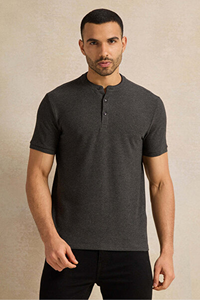 REDTAG Men Charcoal Mandarin Collar T-Shirt