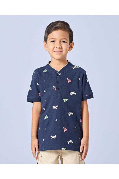 REDTAG Boys Navy Allover Mandarin Collar Polo