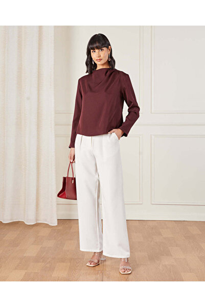 REDTAG Women Burgundy Plain Satin Blouse