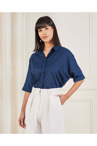 REDTAG بلوزة نسائية كاجوال بياقة سادة باللون الأزرق البحري