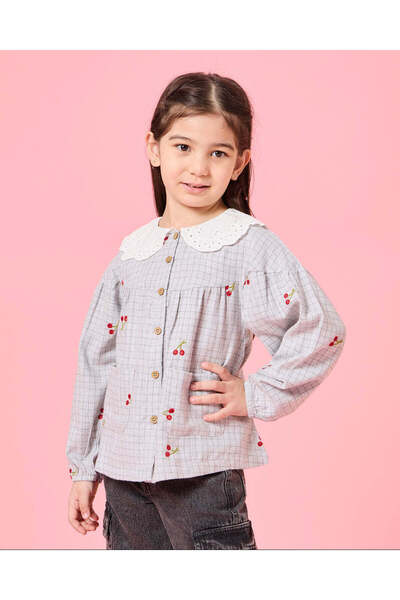 REDTAG Girls Grey All Over Embroidery Lace Collar Blouse