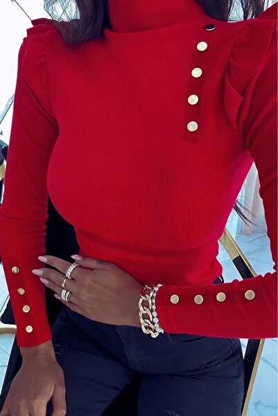 ANATOLIATEKSTILE Women's Blouse with Decorative Buttons – High Collar and Long Sleeves, Elegant Style