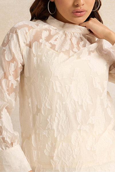 REDTAG Women Cream Floral Jacquard Closed Neck Blouse