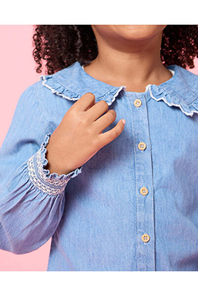 REDTAG Girls Blue Embellished Denim Collared Jacket