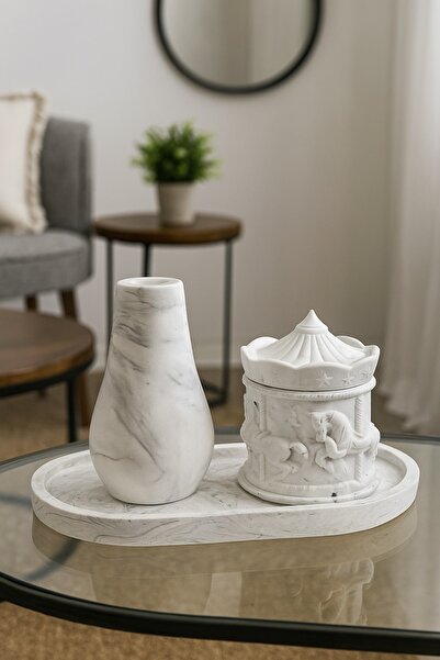 Sisay Home 2li Mermer Desen Atlı Karınca Saklama Kutusu ve Vazo Seti