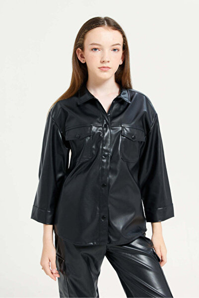 REDTAG Senior Girls Black Plain Leather Shirt