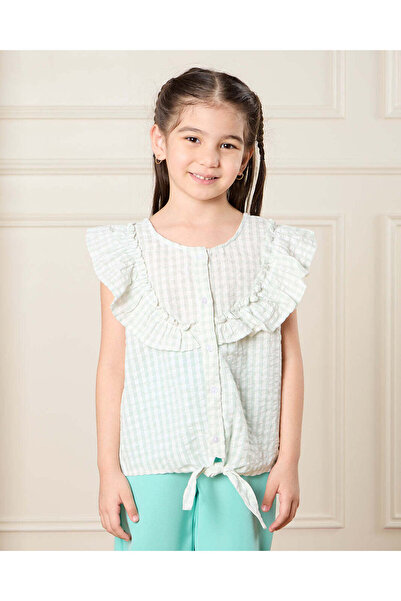 REDTAG Girls Blue Checkered Front Knot Top