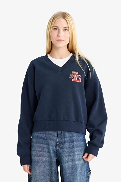 DeFacto Loose Fit V Yaka Baskılı Sweatshirt F9910AX25AU