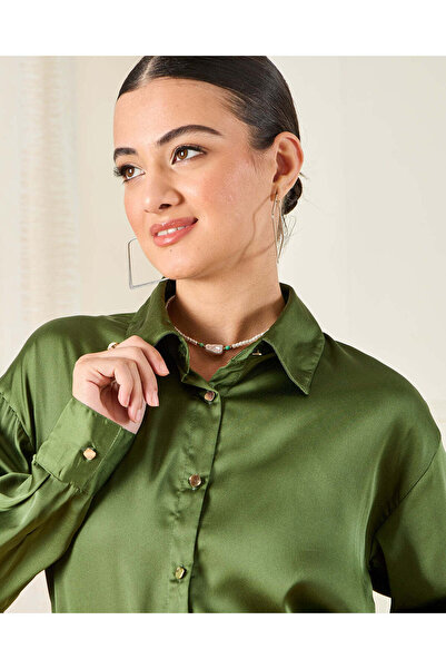 REDTAG Women Green Satin Shirt