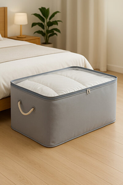 Evvera Büyük Gri Şeffaf Kapaklı Hurç – 74x46x46 cm Baza Altı ve Dolap İçi Düz...