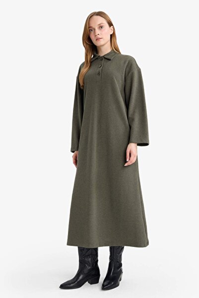 DeFacto Regular Fit Polo Yaka Uzun Kollu Maxi Elbise G1886AX25WN