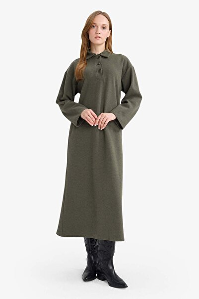 DeFacto Regular Fit Polo Yaka Uzun Kollu Maxi Elbise G1886AX25WN