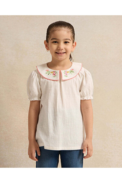 REDTAG Girls White Collared With Embroidery Blouse