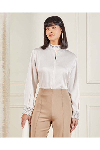 REDTAG Women Ivory Embellished High Neck Blouse