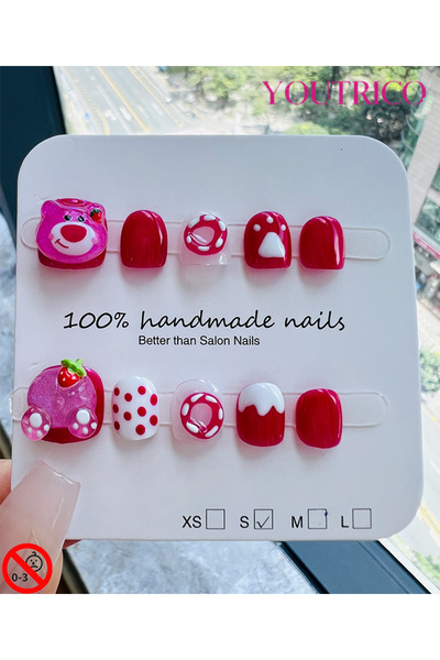 Youtrico أظافر صناعية للأطفال مصنوعة يدويًا بنسبة 100%، لون أخضر كرتوني، آمنة...