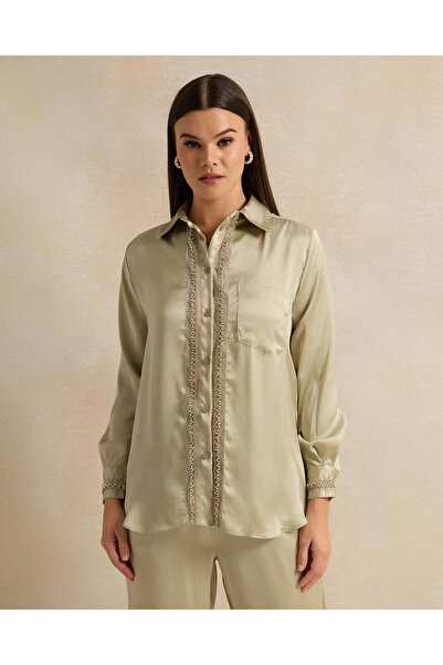 REDTAG Women Green Embellished Satin Shirt