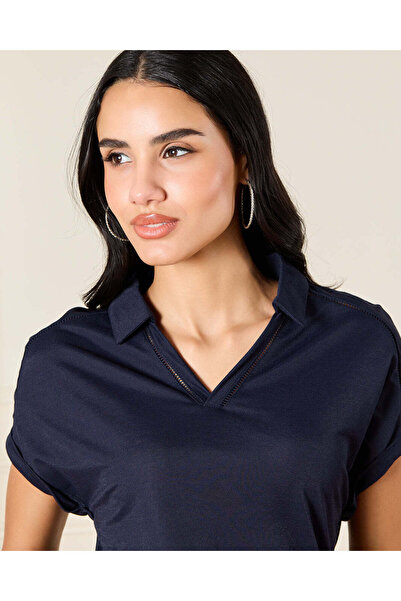 REDTAG Women Navy Embellished Polo T-Shirt
