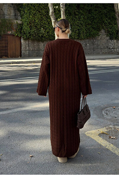 LUSHİGO Women's Crew Neck Hair Braided Knitwear Dress