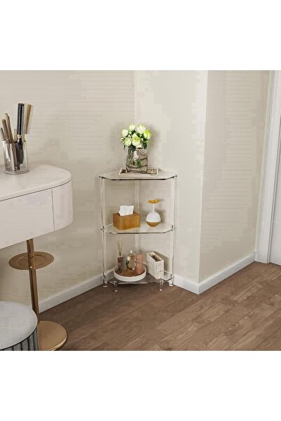 Slasa 3-Tier Clear Acrylic Corner Table 65cm H x 30cm D with Tempered Glass Shelves