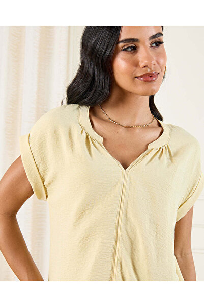 REDTAG Women Yellow Drop Shoulder Roll Up Sleeve Blouse