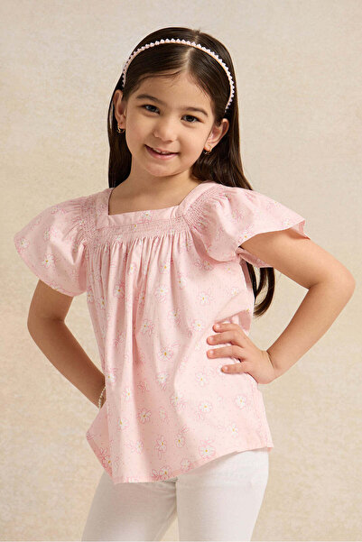 REDTAG Girls Pink Floral Flutter Sleeve Woven Blouse