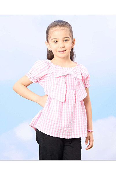 REDTAG Girls Pink Front Bow Blouse With Puff Sleeve