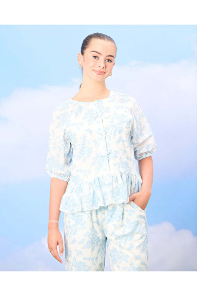 REDTAG بلوزة مطبوع بالورود باللونين الأبيض والأزرق للفتيات الكبيرات