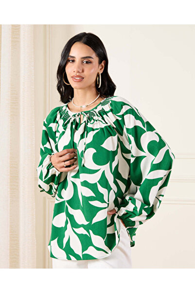 REDTAG بلوزة نسائية خضراء مطبوع بأكمام واسعة