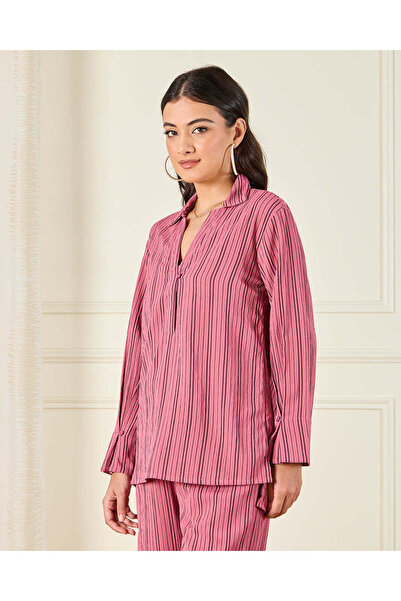 REDTAG Women Pink Striped Button Down Shirt