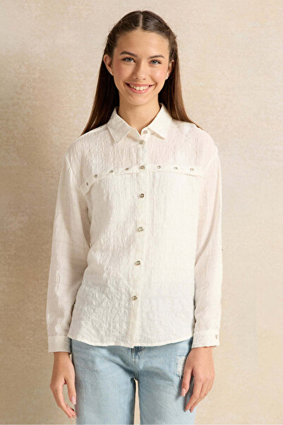 REDTAG Senior Girls White Embellished Shirt With Eyelets Contrast