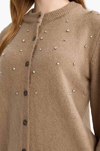 DeFacto Regular Fit Crew Neck Buttoned Stone Knitwear Cardigan E9149Ax25Wn