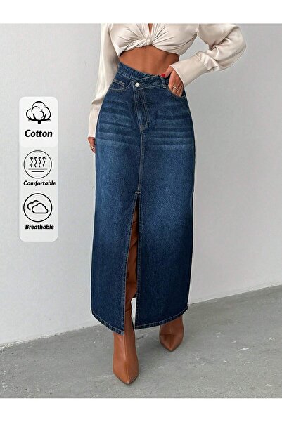 SİNGBADA Çapraz Dügmeli Yüksek Bel Yırtmaç Detaylı Uzun Denim Etek