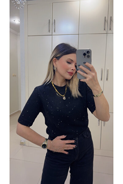 DENİZ Pullu Simli Yumuşak Kısa Kollu Kazak