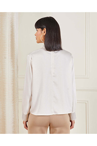 REDTAG Women Ivory Embellished High Neck Blouse