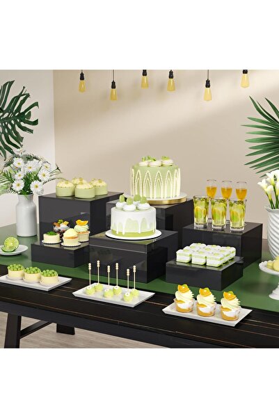 Slasa 3PCS Black Acrylic Square Buffet Risers 8x8x6 Inch – Nesting Display Stands